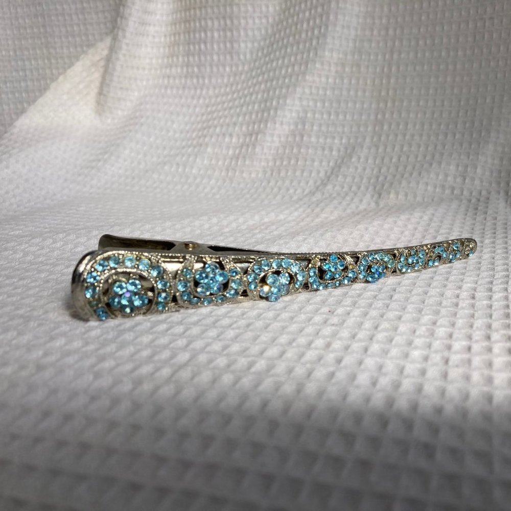 Blue Rhinestones and Silver Filigree Banana Hair Clip